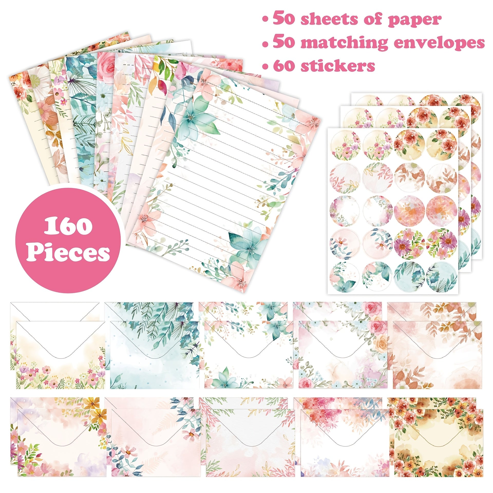 160 ta gullar akvarel bo'yoqlari bilan bezatilgan taklif qog'ozlari to'plami, mat finish, yopish uchun qopqoq, qog'oz materialidan tayyorlangan, to'y, niqob, Sevishganlar kuni, Shukronalik va Rojdestvo tadbirlari uchun ideal.