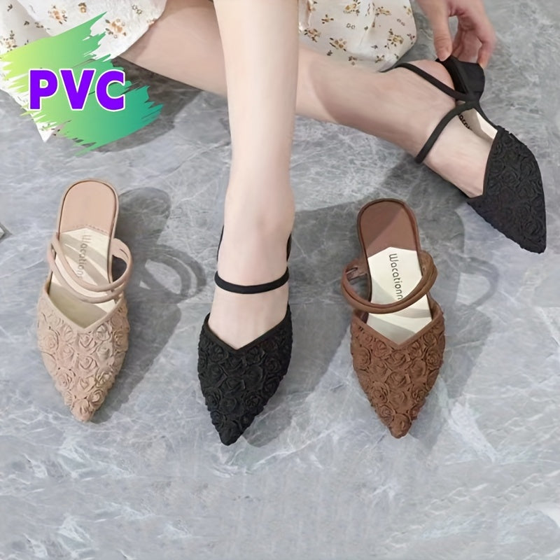Women's PVC Floral Slide Sandals with Pointed Toe and Mid Heel
