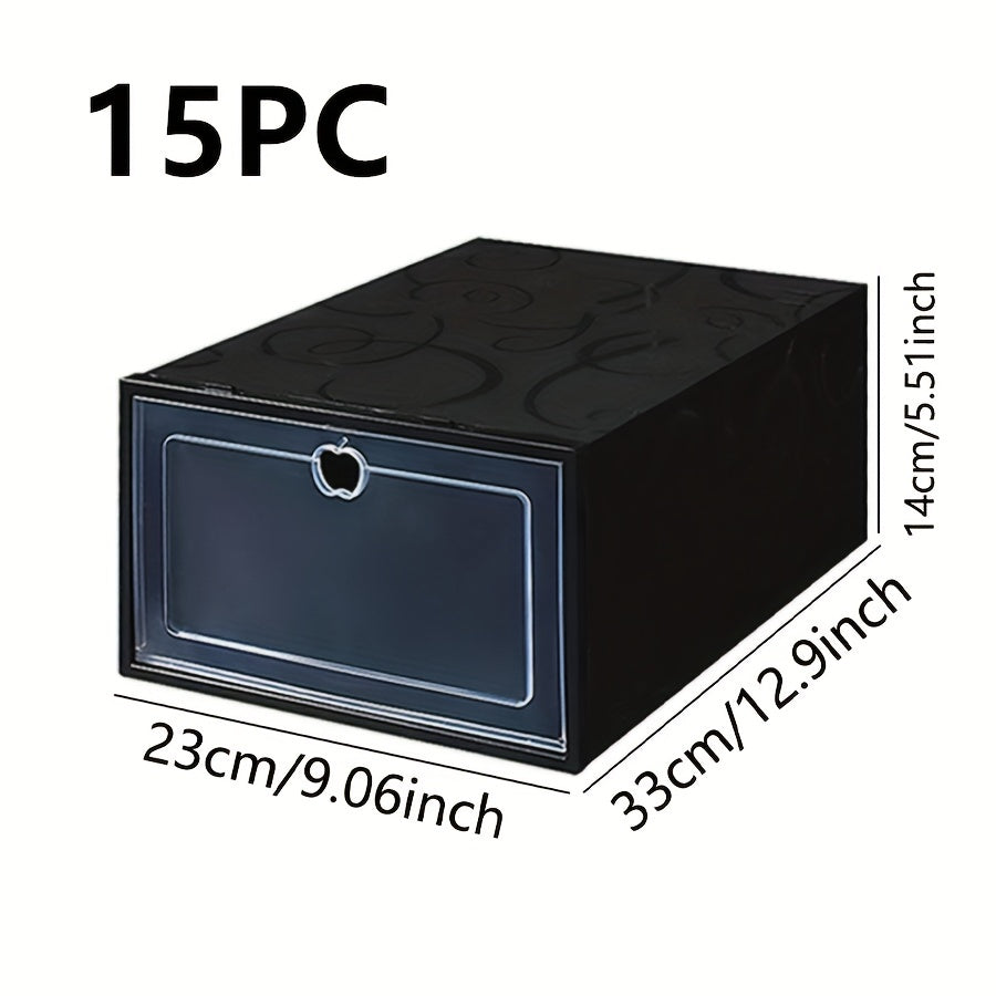 Набор из 15 штабелируемых органайзеров для обуви - Прозрачные пластиковые контейнеры с крышками на петлях для использования в доме и общежитии, разработанные для экономии пространства.