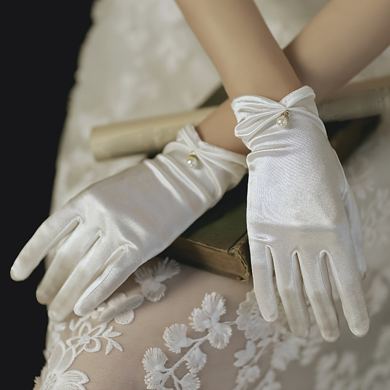 Vintage Bridal Gloves White Black Lace Faux Pearl Wedding Accessories