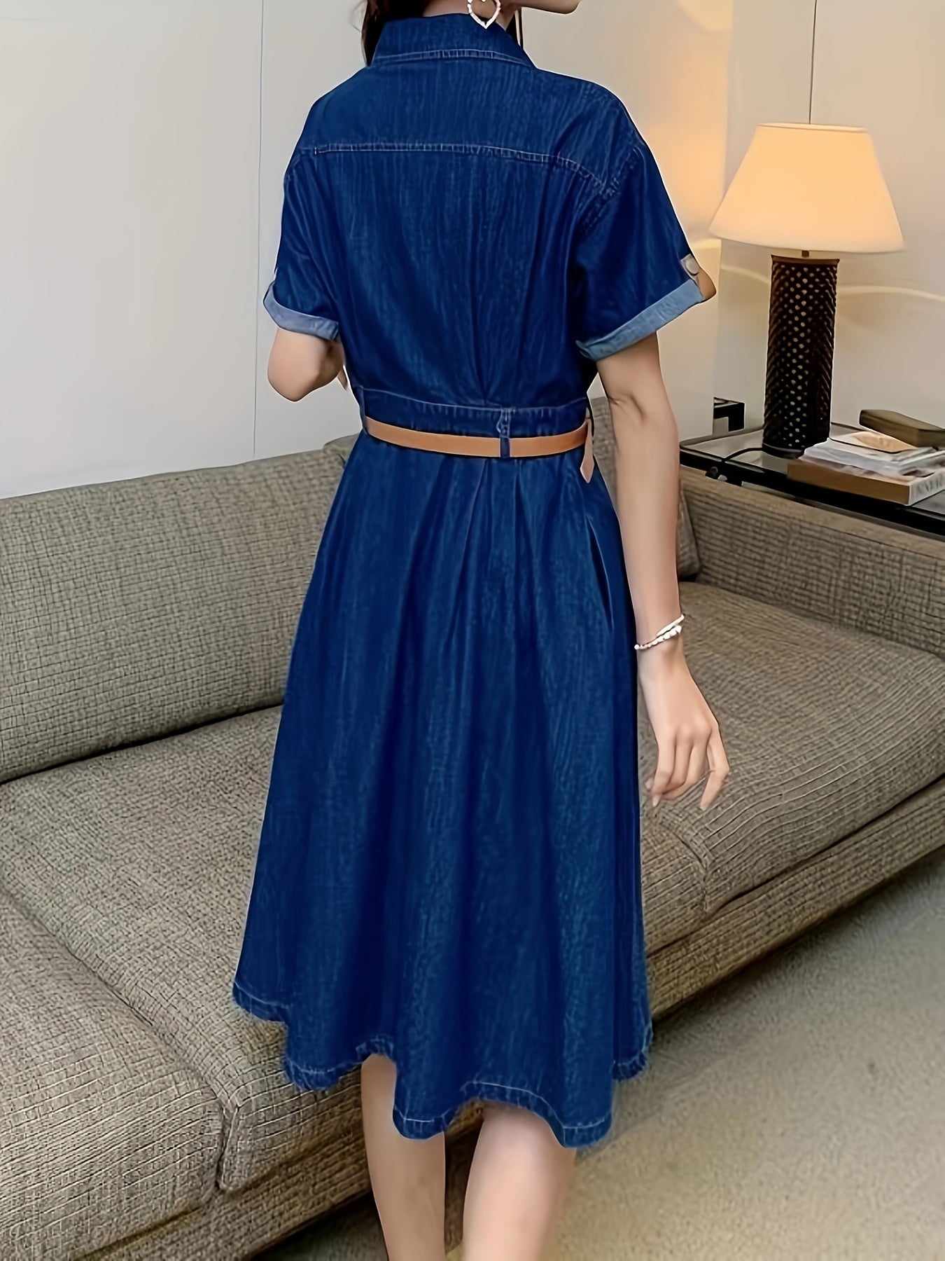 Vestido de mezclilla azul claro para mujer con botones en el frente, mangas cortas, a la rodilla, casual, primavera y verano