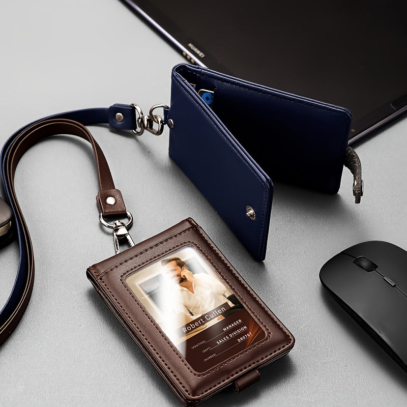 Teri ID kartasi ushlagichi, lanyard bilan, 5 ta karta joyi, PU terisi, inglizcha matn, rasmiy biznes aksessuar.