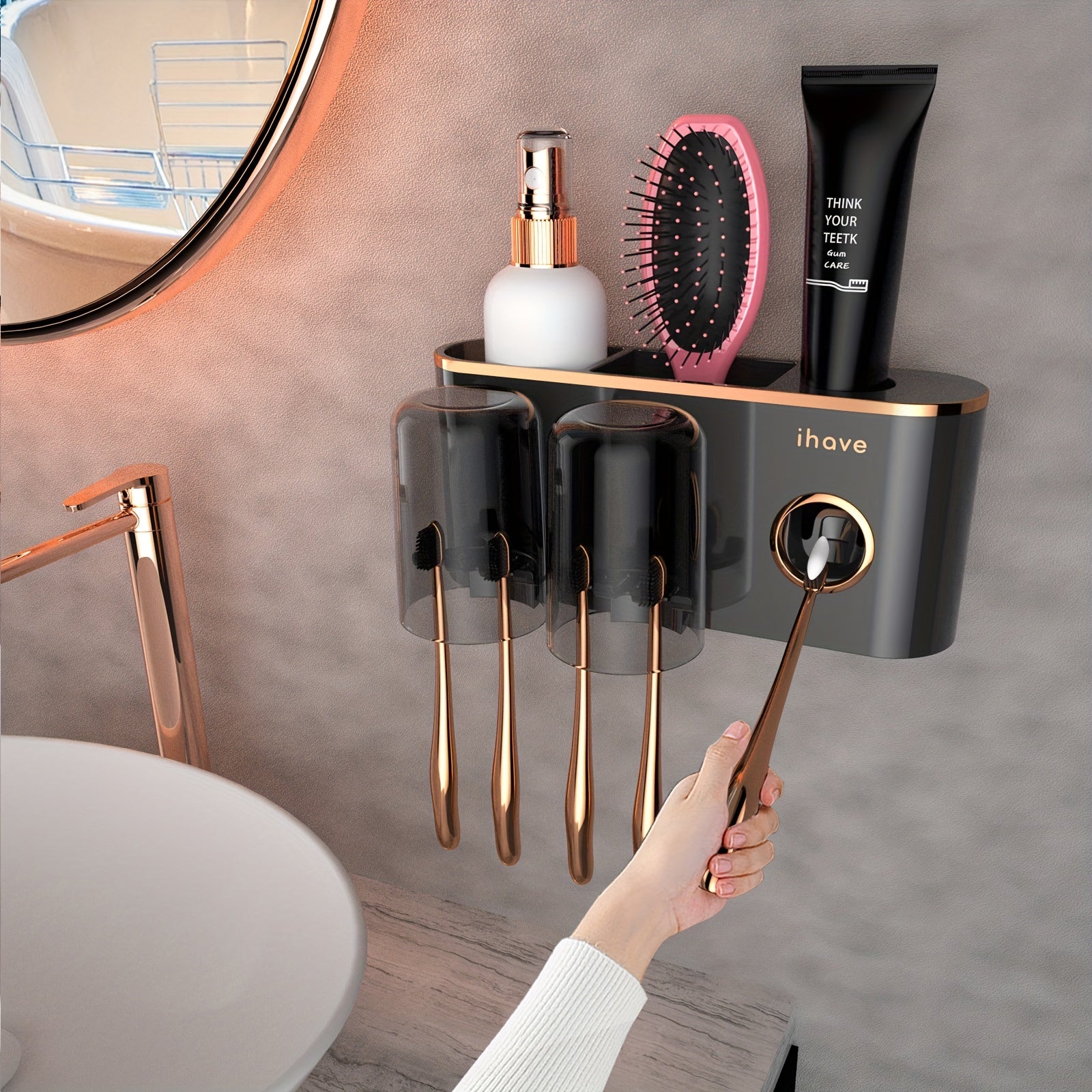 Wall-Mounted Bathroom Toothbrush Holder with Dispenser and Tumbler Set