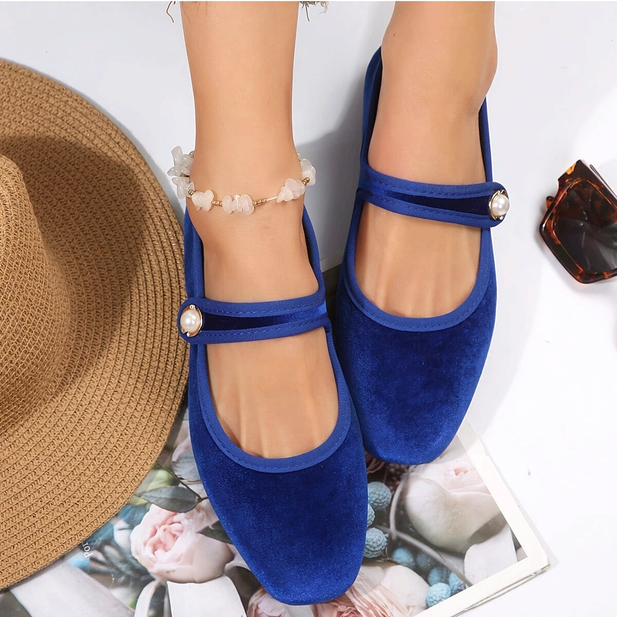 Women's Square Toe Ballet Flats with Adjustable Buckle Royal Blue Corduroy