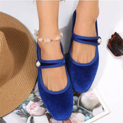 Women's Square Toe Ballet Flats with Adjustable Buckle Royal Blue Corduroy