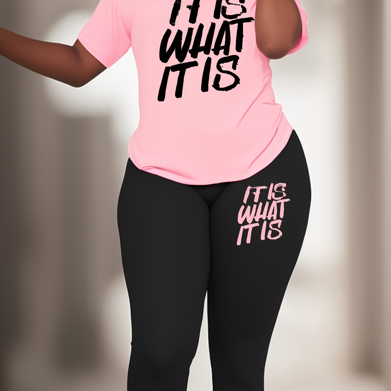 Plus Size Slogan Print Sports Set with Medium Stretch Polyester Knit Fabric