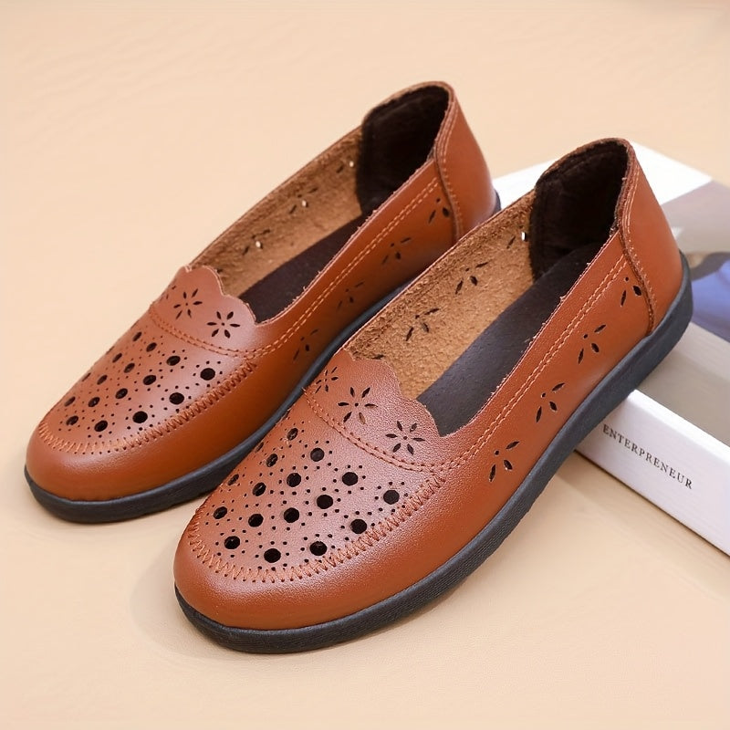 Women's Summer Slip-On Flat Sandals with Floral Cutouts Non-Slip PU