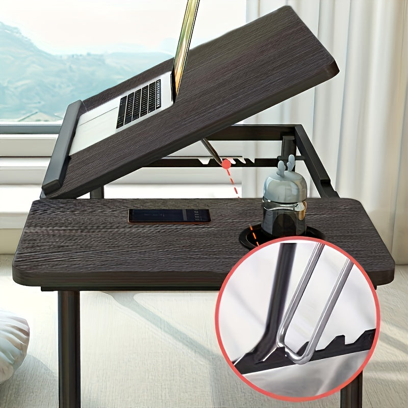 Adjustable Laptop Table with Cup Holder, Anti-Slip Strip, Foldable, White or Black
