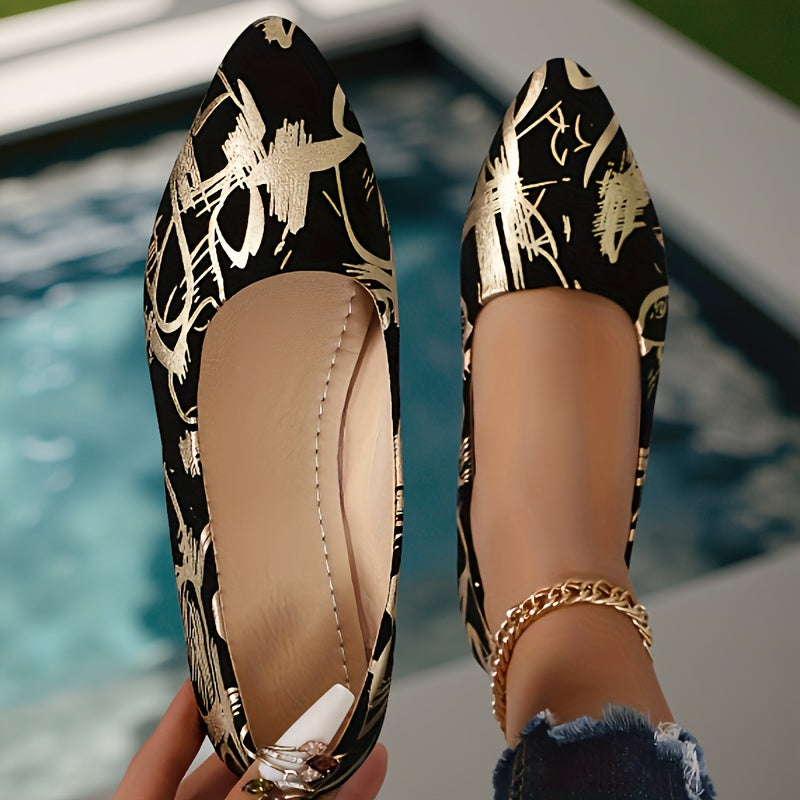 Ayollar uchun past bo'yinli flat poyabzal, oltin bezaklar va frantsuz retro dizayni bilan