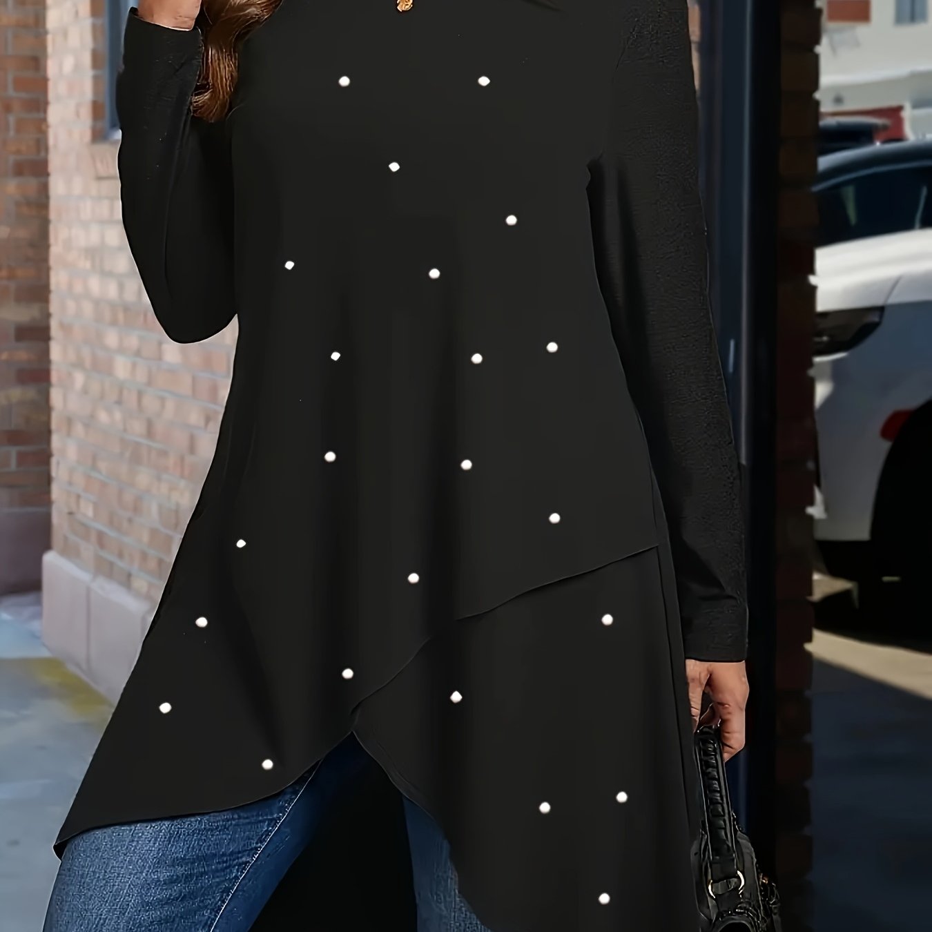 Plus Size Pearl Embellished Knit Tunic Top Crew Neck Long Sleeve Solid Color
