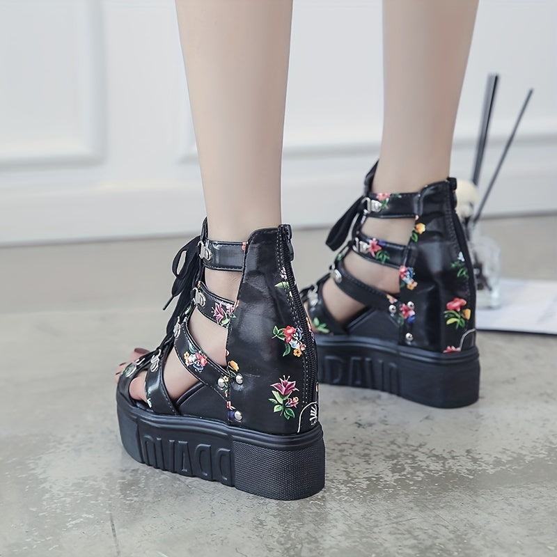 Women's High Heeled Sandals with Thick Sole and Fish Mouth Design Leather Style Open Toe Strappy Zipper