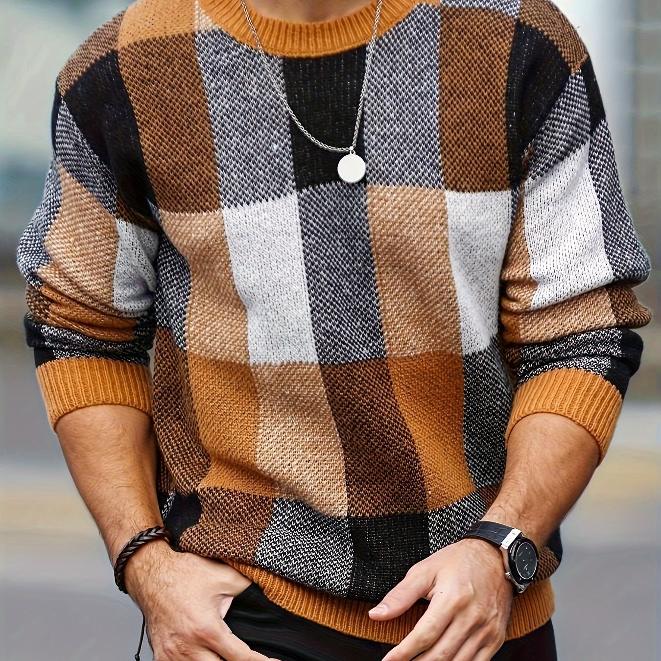 Men's Plaid Viscose Knit Sweater Crew Neck Fall Winter Regular Fit Plus Size
