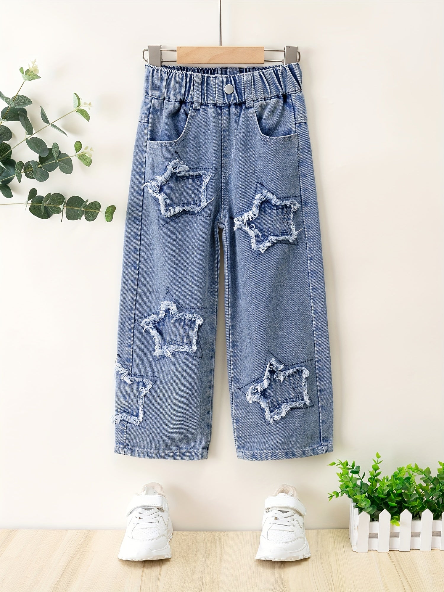 Girls' Straight Leg Denim Jeans with Star Patch, Elastic Waist, Relaxed Fit for Kids