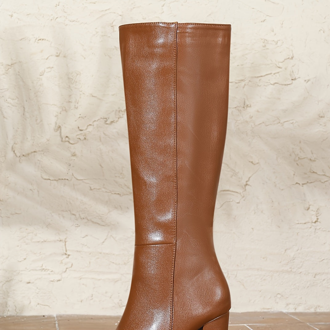 Women's Knee-High Boots Solid Color High Heel Block Pointed Toe Platform
