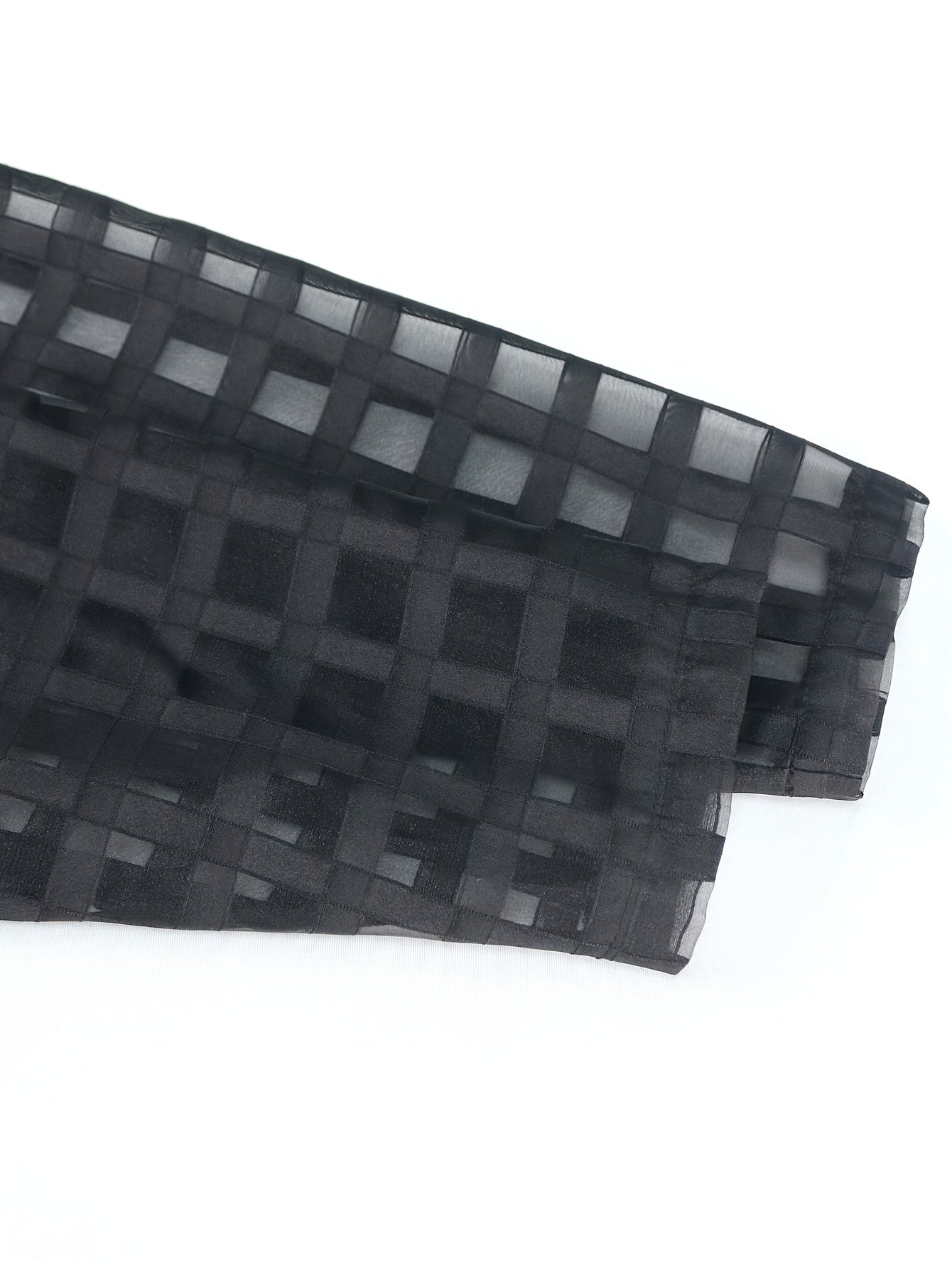 Plus Size Women's Black Grid Pattern Midi Dress With Belt Long Sleeve Flared Skirt