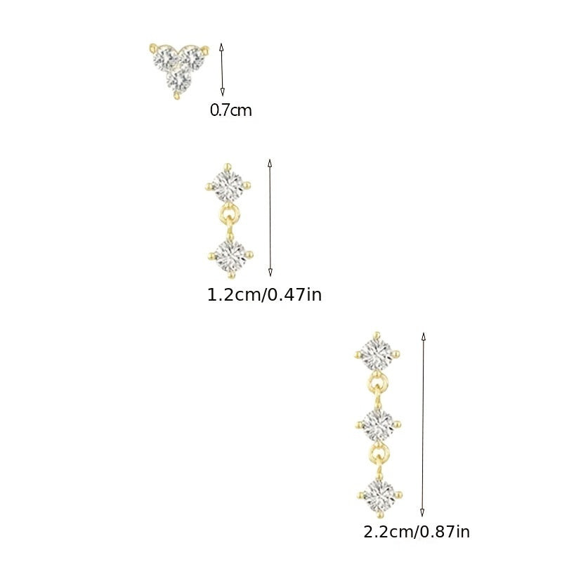 Set of 3 Copper Stud Earrings with Synthetic Zirconia for Women