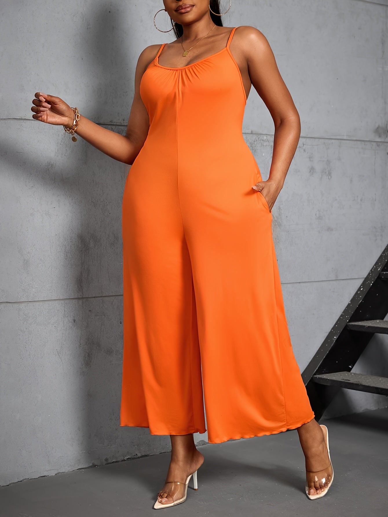 Plus Size Knit Pants V-Neck Slingback Solid Color Spring Summer