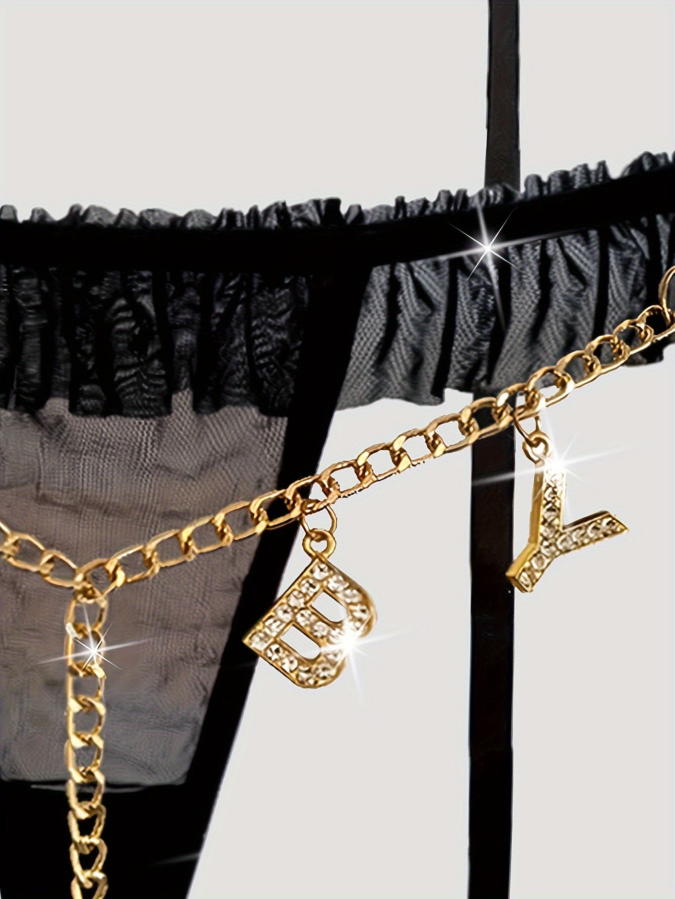 Women's Mesh Garter Set with Gold Chain Bow and Letter T-Back Lingerie
