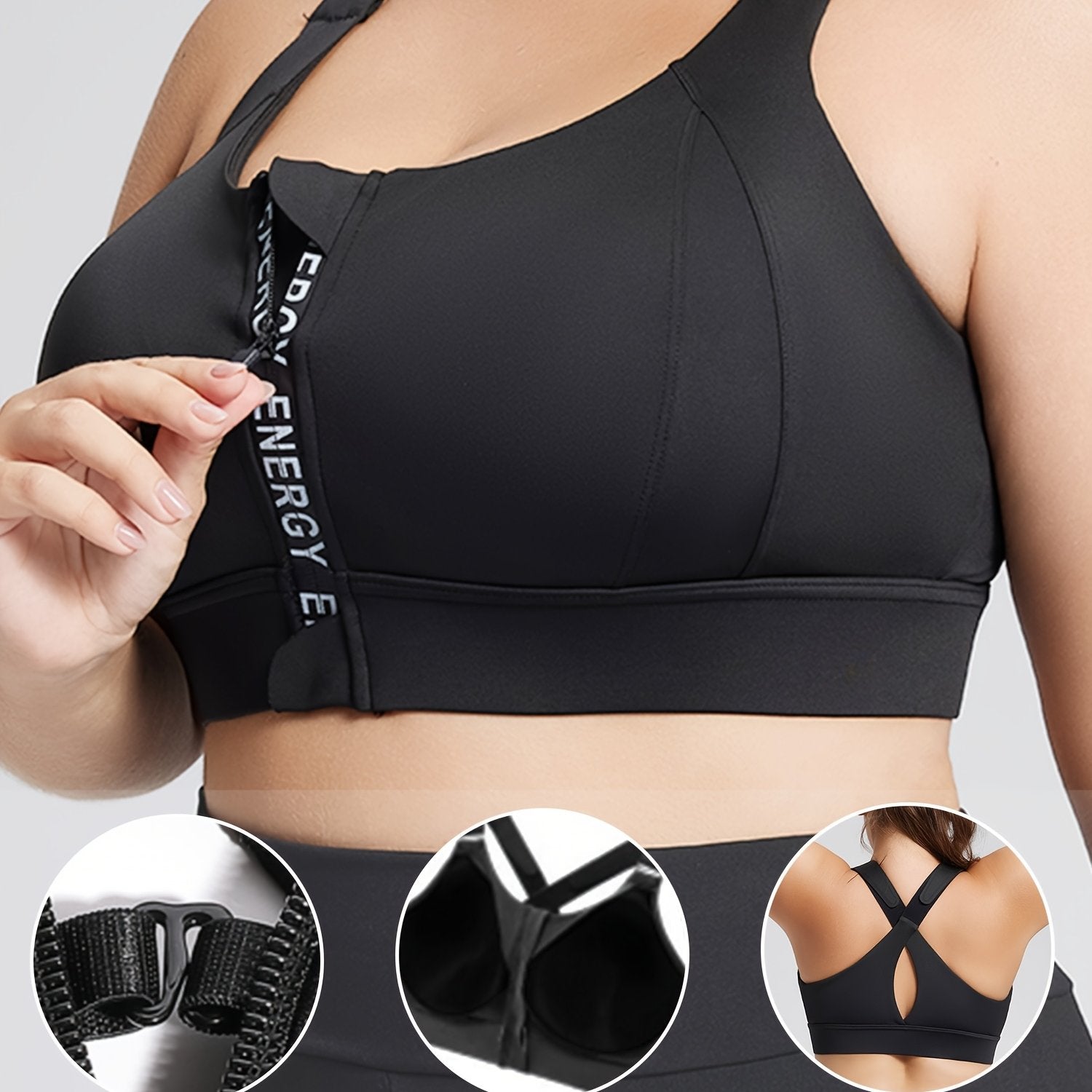 Plus Size High-Impact Sports Bra with Zipper Cross-Back Molded Cups