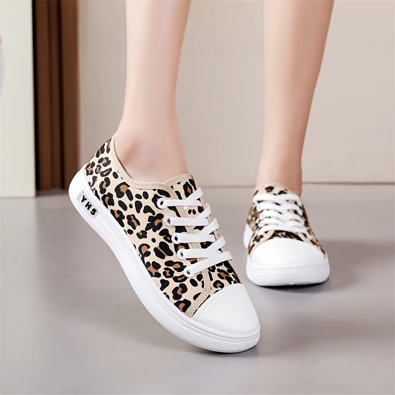Women's Leopard Print Canvas Shoes Low-Top Flat Sneakers Casual Outdoor Athletic