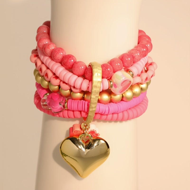 Pulsera de resina rosa bohemia con incrustaciones de corazón para mujeres