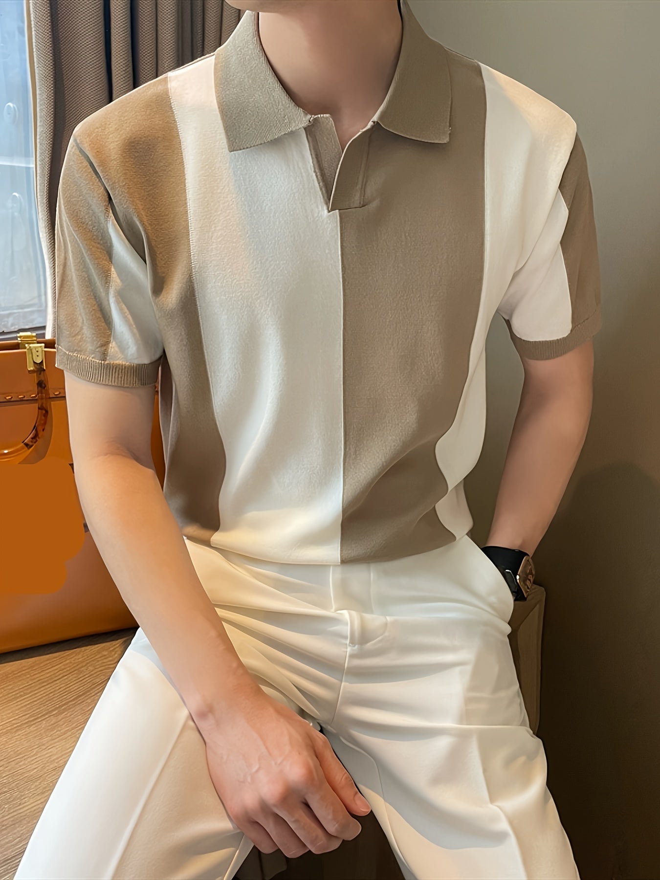 Men's Color Block Short Sleeve Lapel Golf Shirt Summer Rayon High Stretch Casual Regular Fit