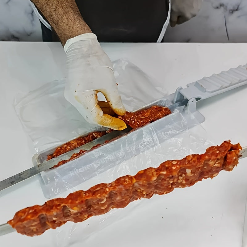 Bir qatorli barbekyu press mashinasi bilan mazali barbekyu taomlarini tayyorlash uchun qayta ishlatiladigan plastik barbekyu asbobi.