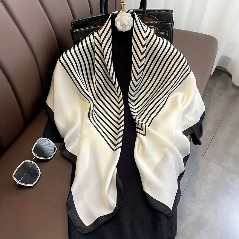 Black and White Satin Square Scarf for Women 89.92cm Boho Evening Beach Accessory