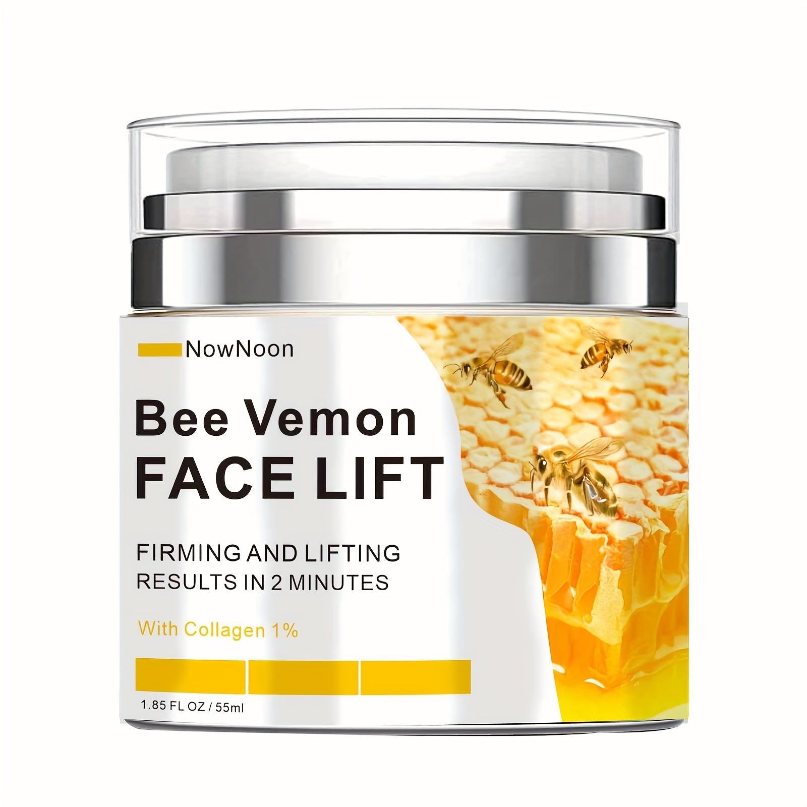 NowNoon Bee Vemon Instant Face Lift Cream - 1.85 fl. Oz terini siqadi, mustahkamlaydi va silliqlashtiradi, alkogolsiz formulasi bilan, barcha teri turlari uchun Hyaluron kislotasi o'z ichiga oladi.