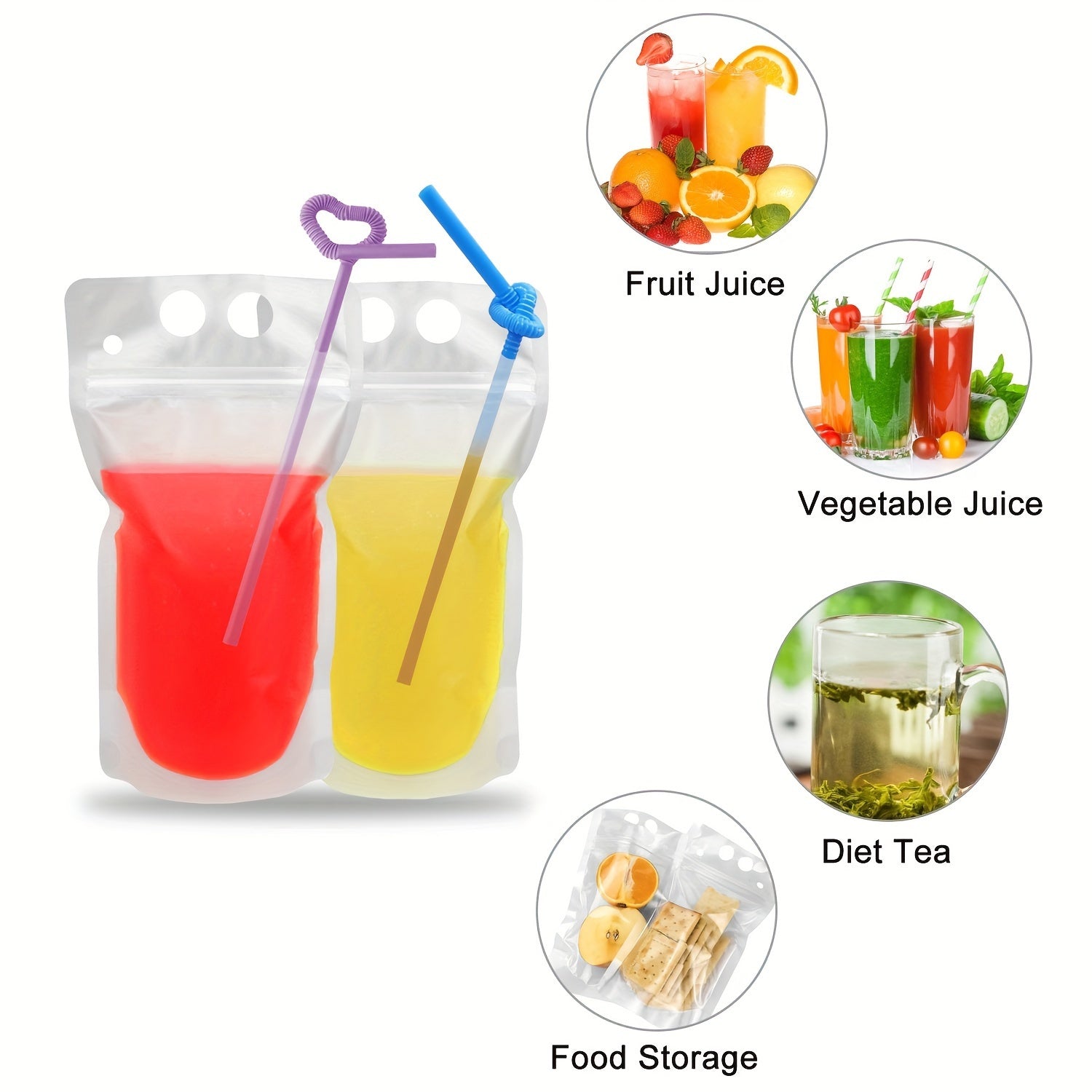 20 ta plastik ichimlik paketlari, quvur teshiklari bilan, qayta yopiladigan, portativ sharbat sumkalar