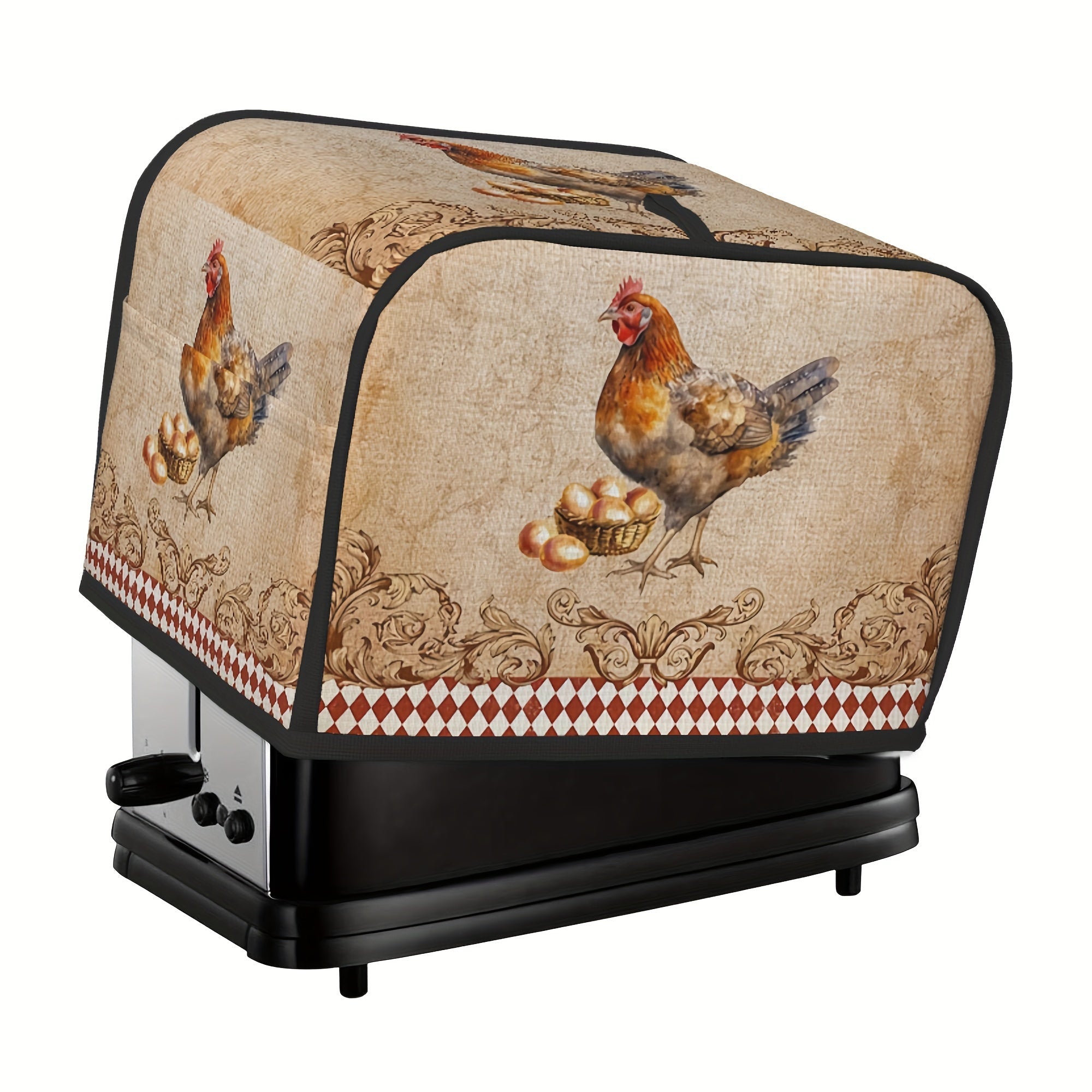 Bir dona Vintage Rooster Print Toaster Cover va ikki dona Wide Slot Toaster Cover. Ushbu zamonaviy qopqoqchalar kichik oshxona jihozlaringizni himoya qilish va ularni toza saqlash uchun mo'ljallangan. Ular tozalash uchun oson va sizning