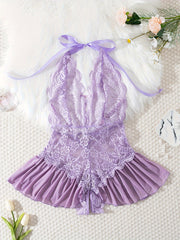 Women's Purple Lace Teddy Ruffled Backless Halter Bodysuit Lingerie