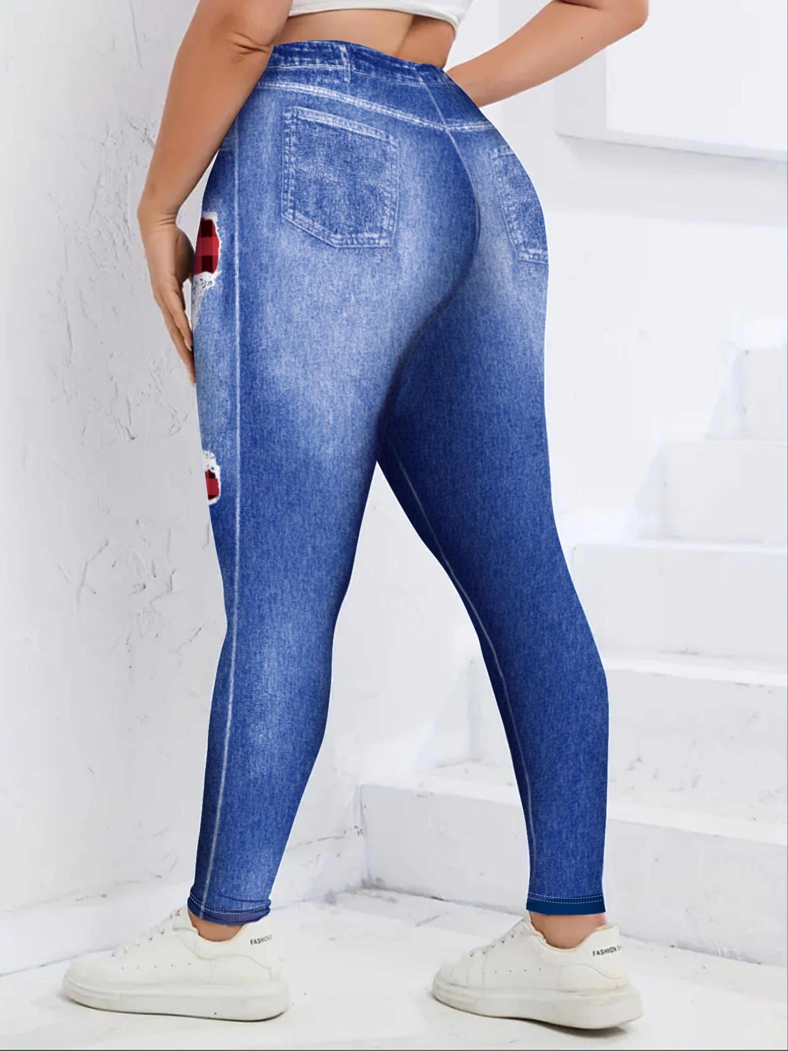 Plus-Size Digital Print Skinny Jeans Casual No Pockets Base Layer