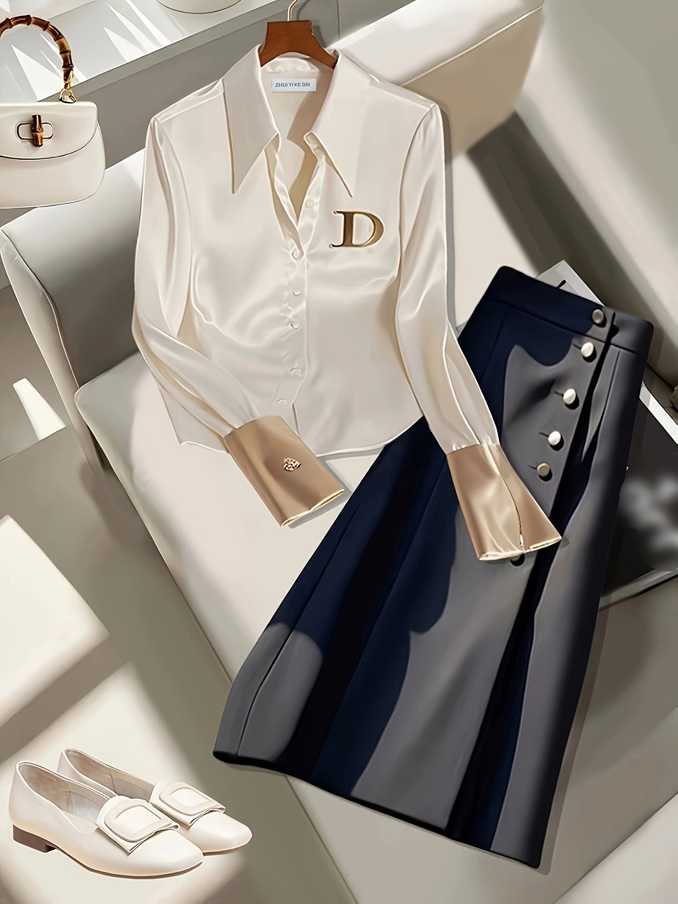 Women's Polyester Blouse with Wide Collar Alphabet Embellishments and Zipper Detail