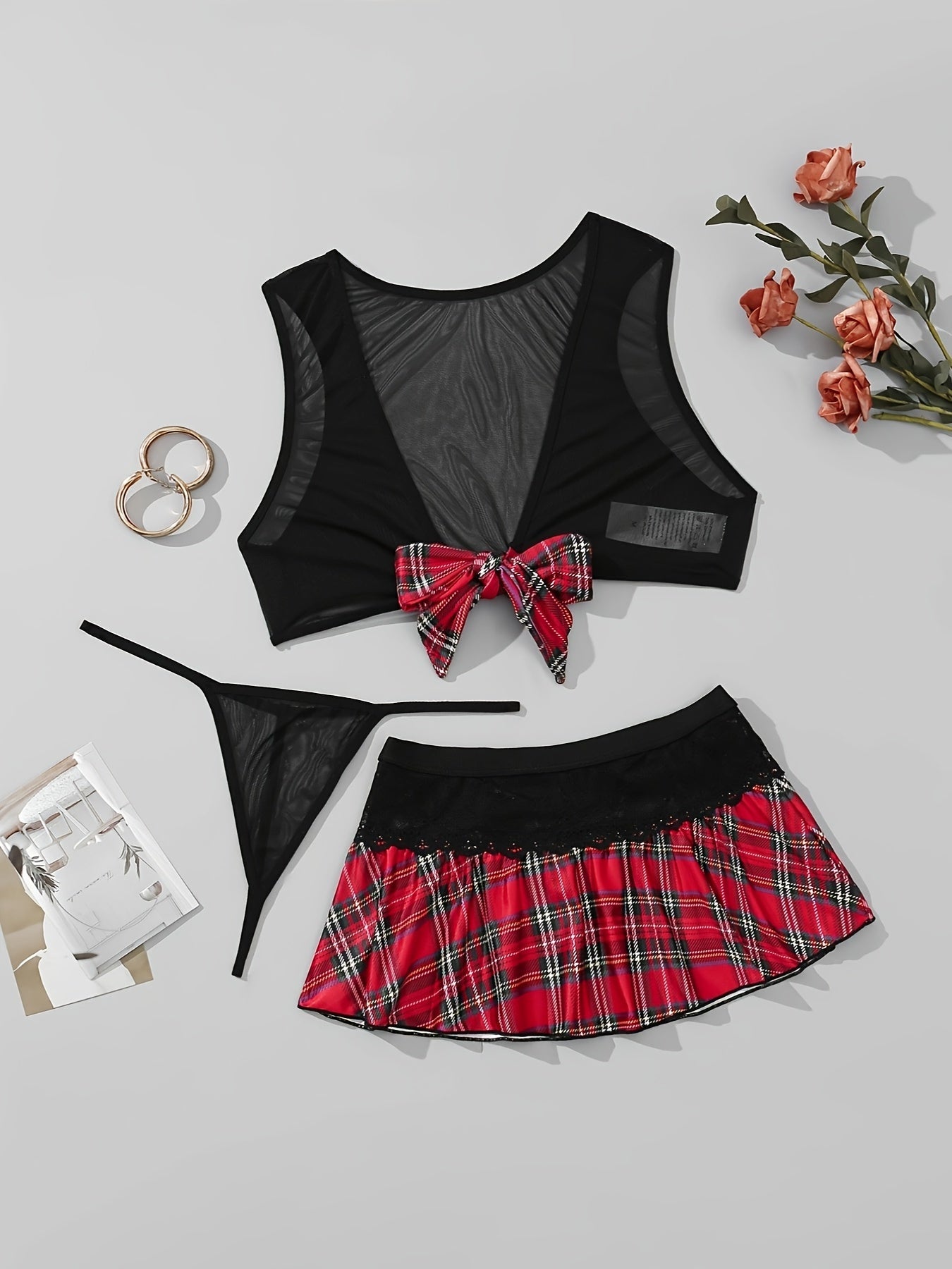 Women's Festival Costume Mesh Bra and Plaid Skirt Lingerie Set