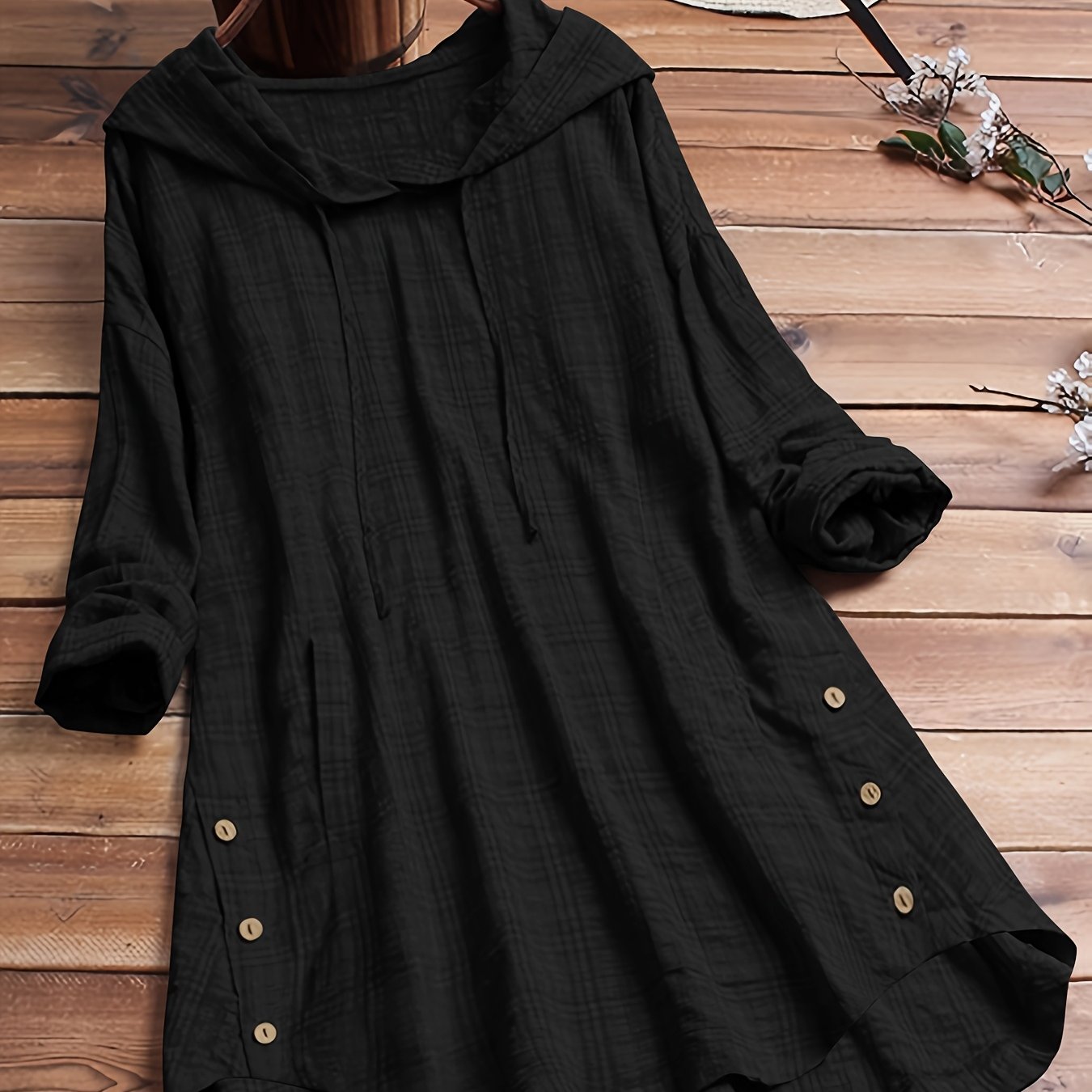 Women's Plaid Hooded Shirt with Asymmetrical Design and Waist Tie