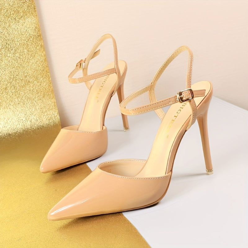 Women Nude Patent Pointed Toe Stiletto Heels with Ankle Strap