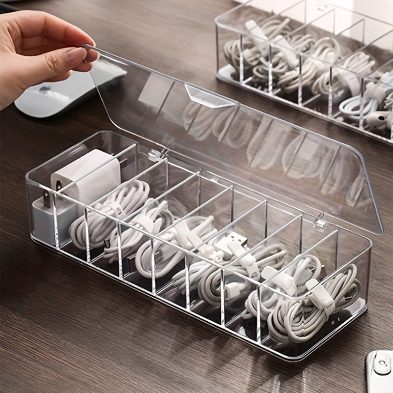 Clear Plastic Cable Organizer Box with Adjustable Compartments for Home Office Travel