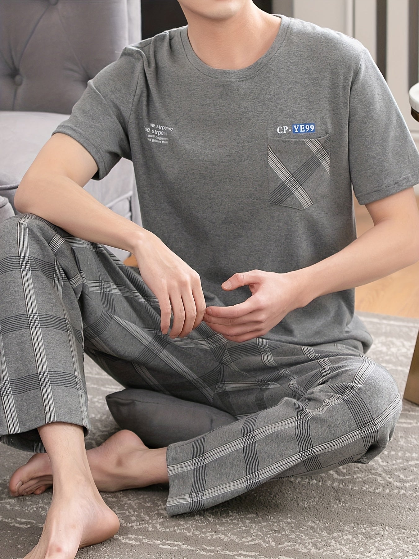 Men's Summer Cotton Pajama Set Short Sleeve Long Pants Plus Size Casual