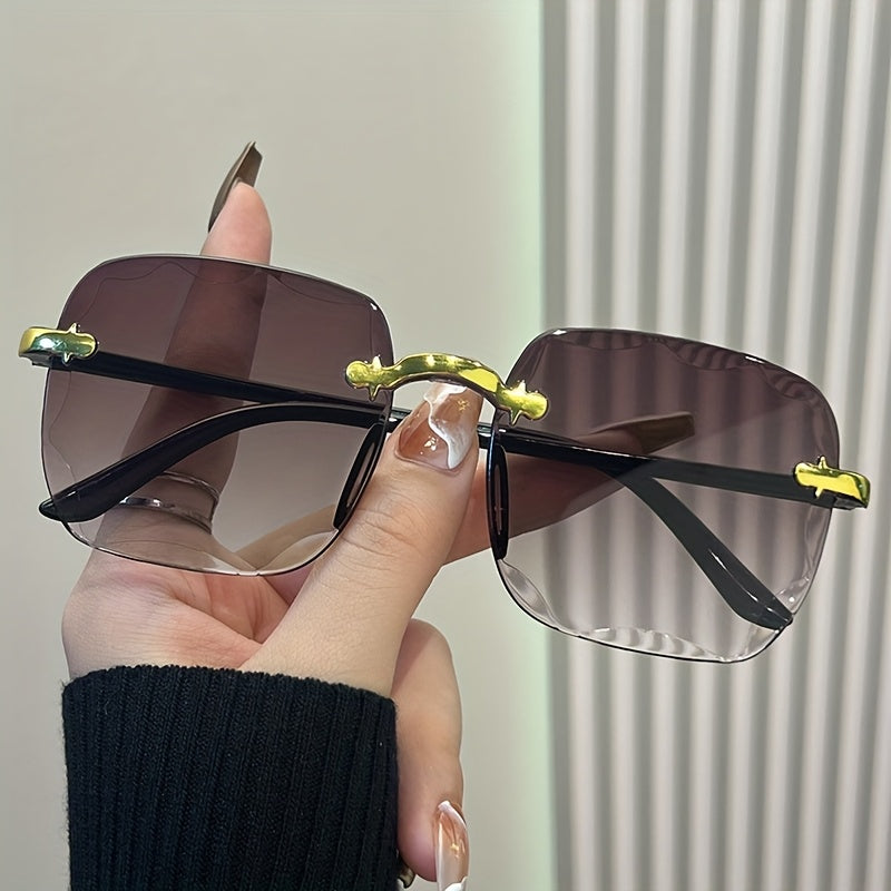 Women's Rimless Square Fashion Glasses Gradient Lens Golden Frame Lightweight Plastic Vintage Style for Beach Party Travel