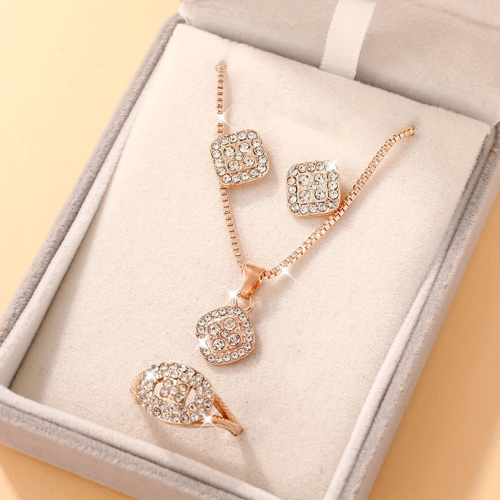 Set of 4 Elegant Rhinestone Square Pendant Jewelry for Women Daily Party Gift