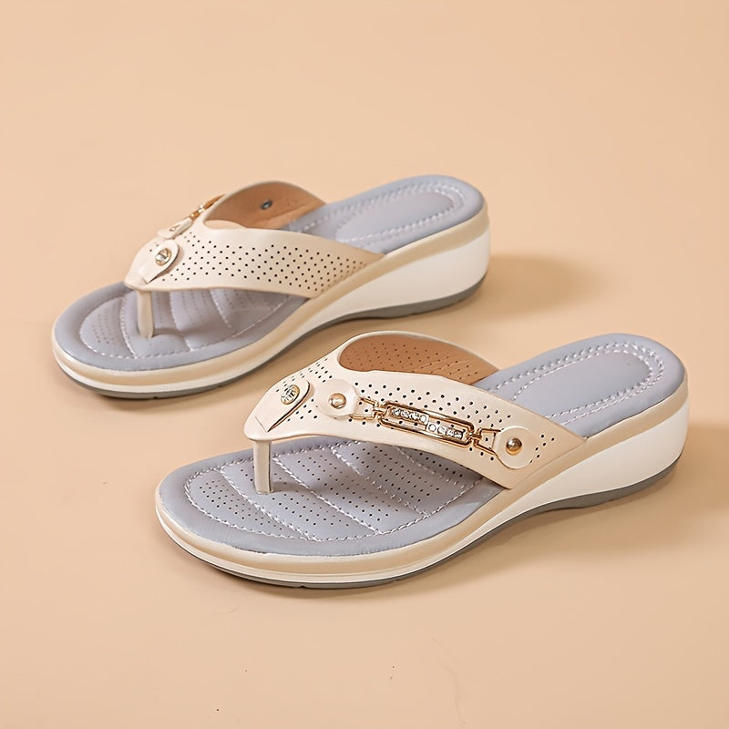 Women's Solid Color Flip Flops Rhinestone Buckle Summer Wedge Slides