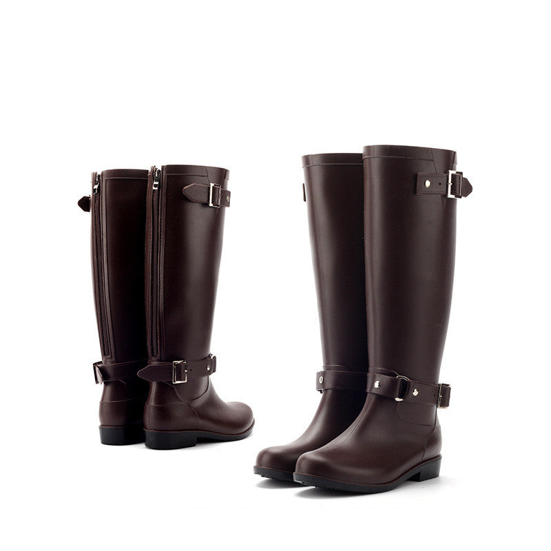 Women's PVC High-Calf Rain Boots with Adjustable Buckles Black Outdoor