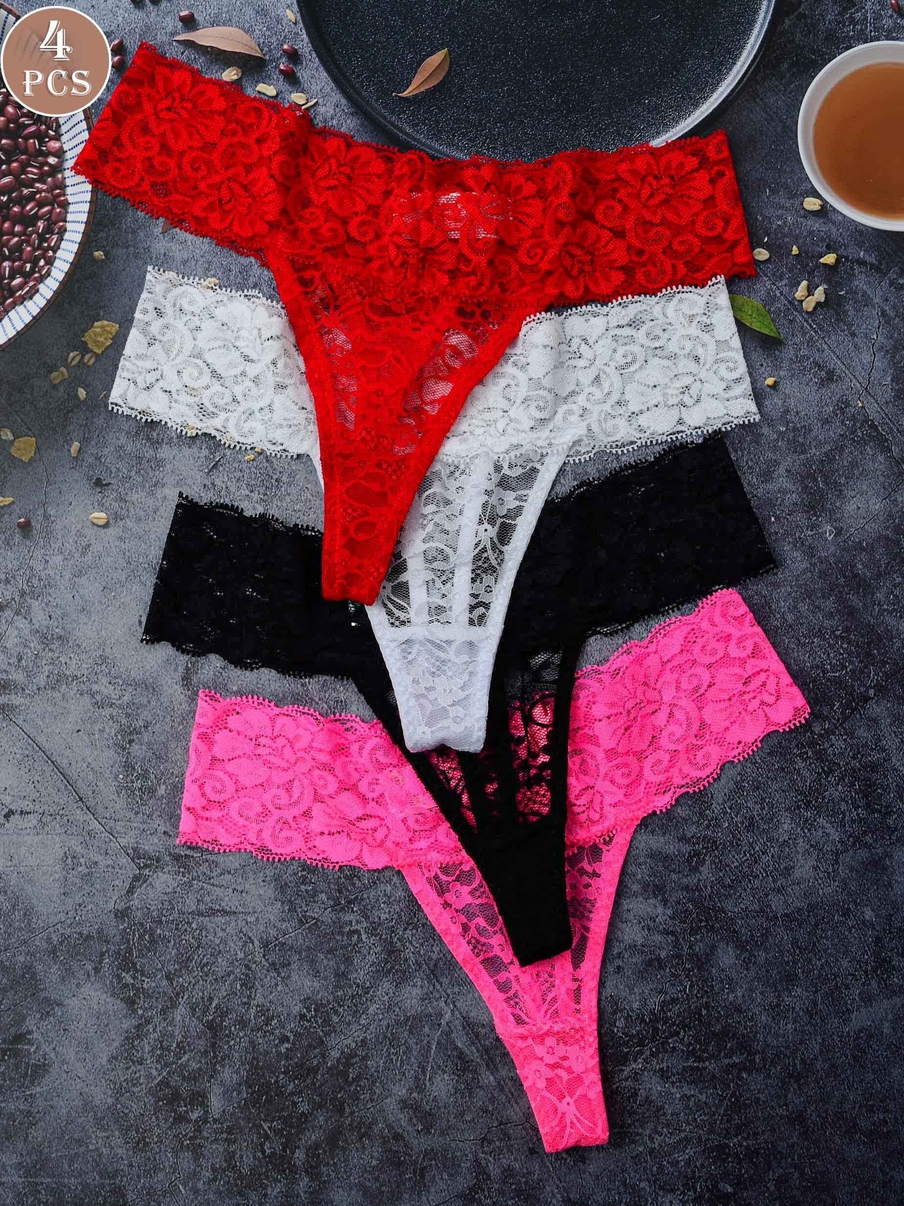 4 dona ayollar uchun seksi korsatilgan tikanli G-String ichki kiyimlar, to'liq rang, yarim shaffof liboslar