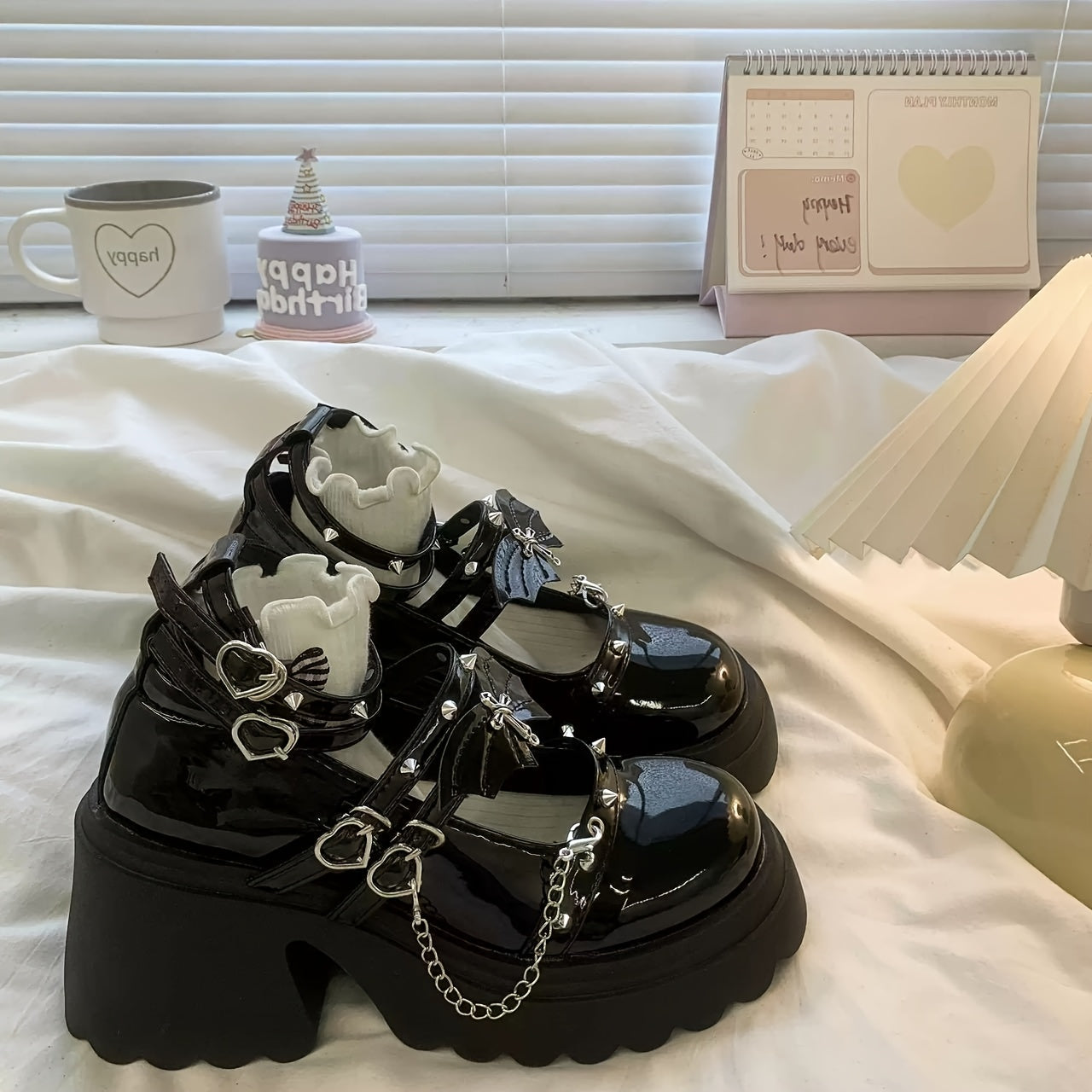 Women Synthetic Punk-Inspired Platform Mary Jane Loafers Black Chain Accents