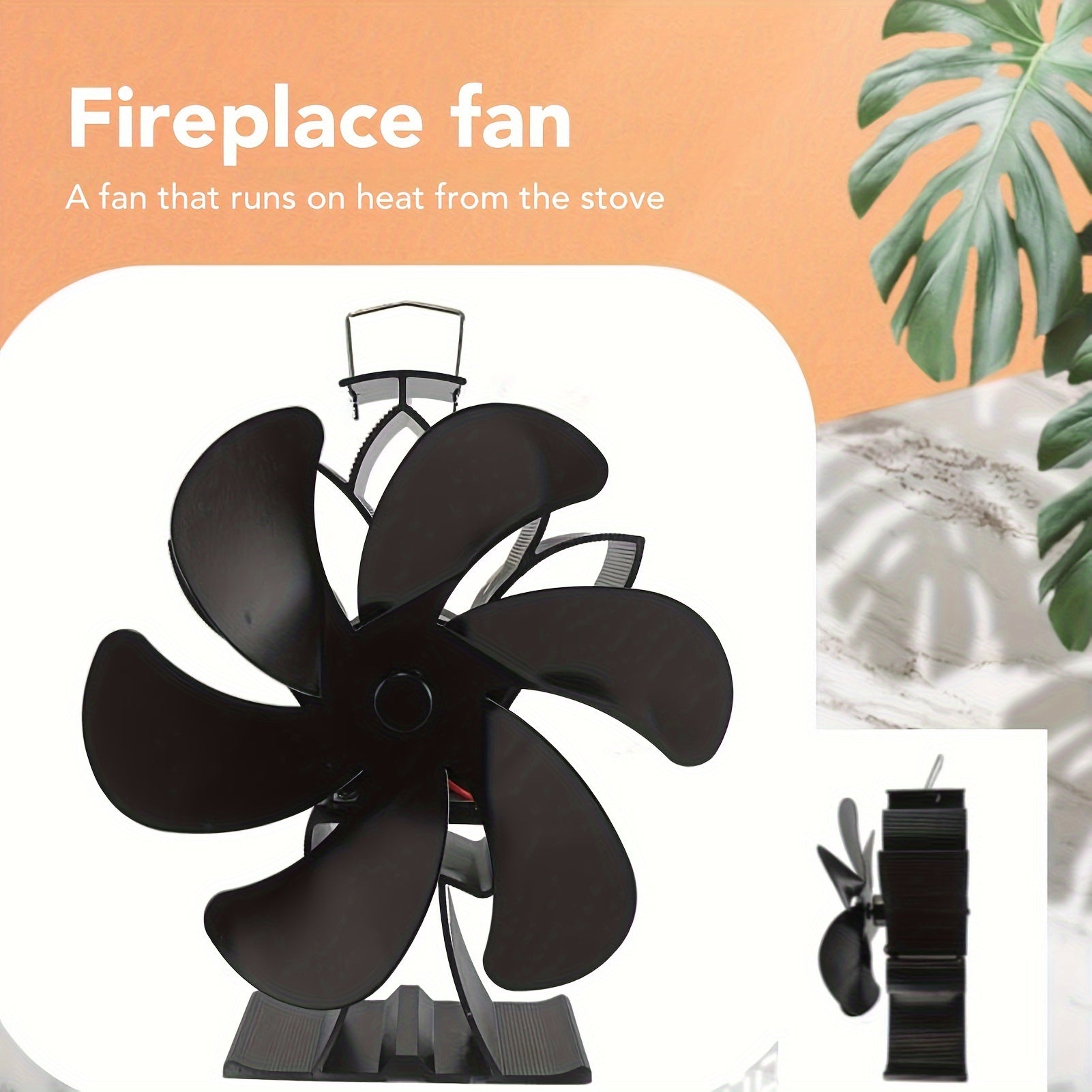Issiqlik bilan ishlaydigan pechka ventilyatori, 6 ta alyuminiy pichog'i bilan, past shovqin uchun, uy log'li pechka uchun mos, qora rang, uy jihozi