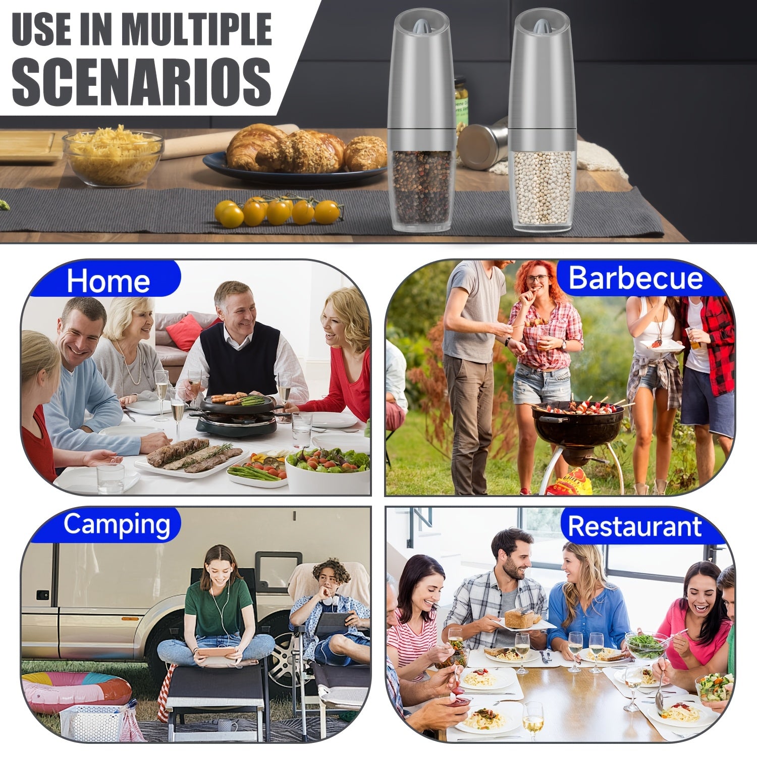 Elektr pechene va tuz maydalagich to'plami, sozlanadigan qattiq, zanglamaydigan po'latdan, batareyali