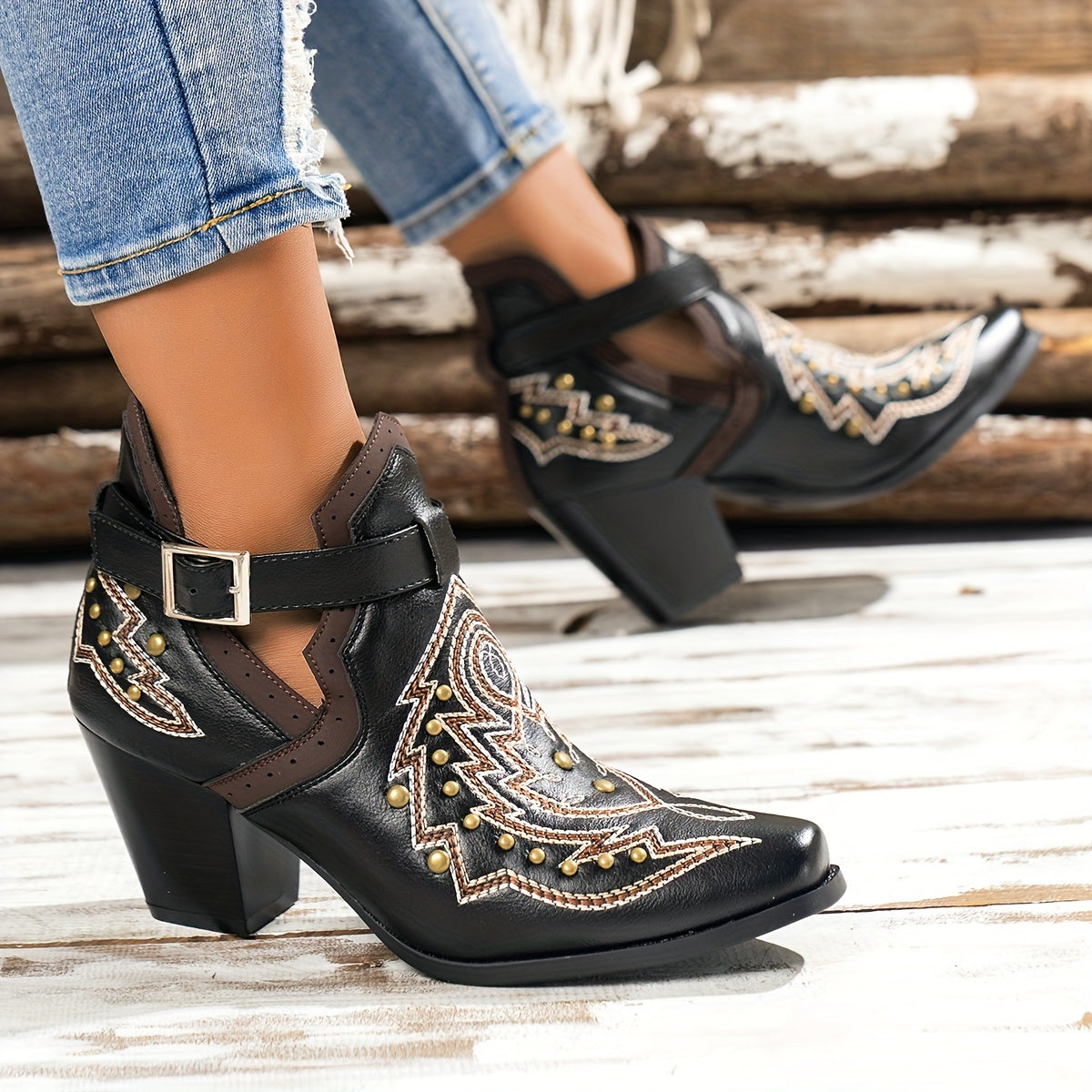 Women's Golden Beads Chunky Heel Ankle Boots with Buckle Strap