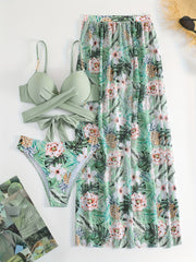 Green Floral Split Swimsuit for Women Summer High Stretch Polyester V-Neck Three-Pieces