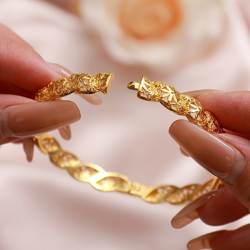 Gold Plated Hollow Cuff Bracelet with Octagonal Flower Design for Women